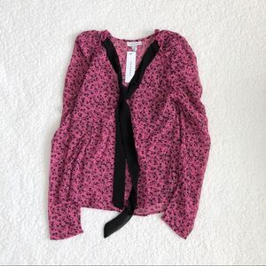 TOPSHOP Pink Bow Prairie Long Sleeve Chiffon Blouse